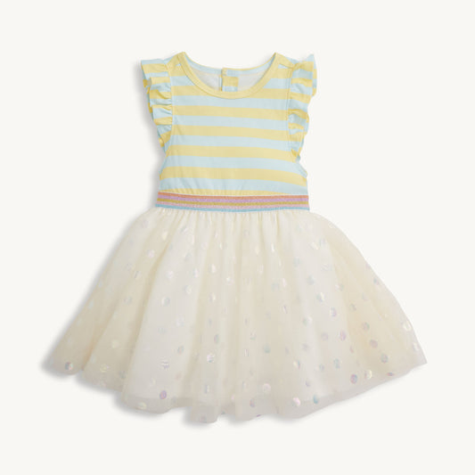 Children's dress with striped bodice and tulle skirt on a white background
