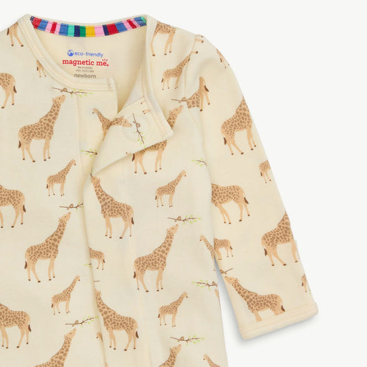 Baby footie closure with giraffe pattern on a white background