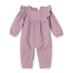 Mauve eyelet baby romper with ruffled sleeves on a white background