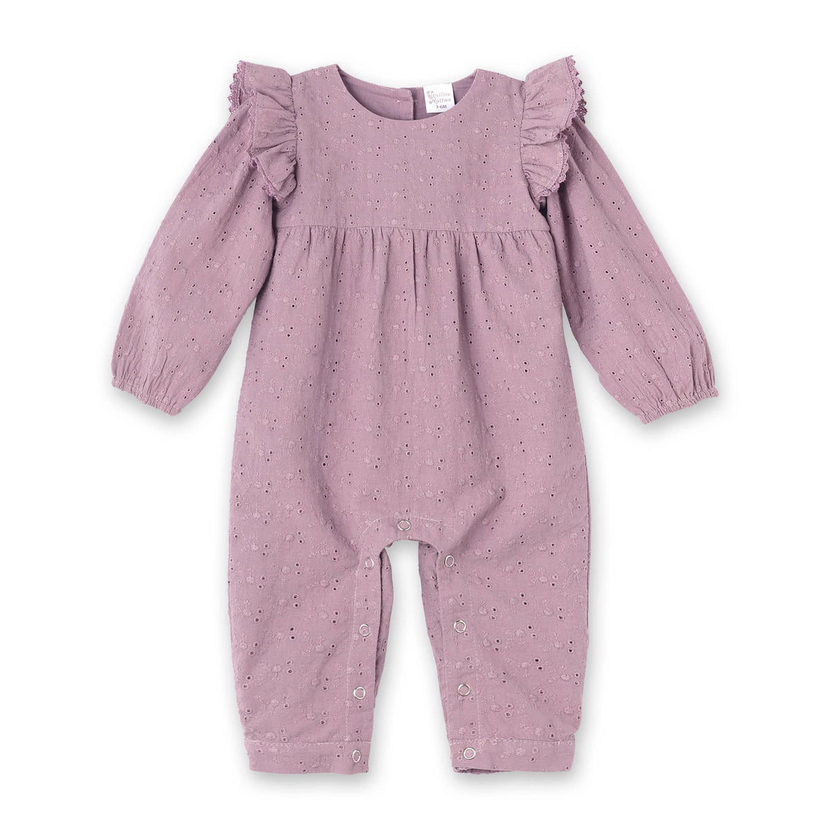 Mauve eyelet baby romper with ruffled sleeves on a white background