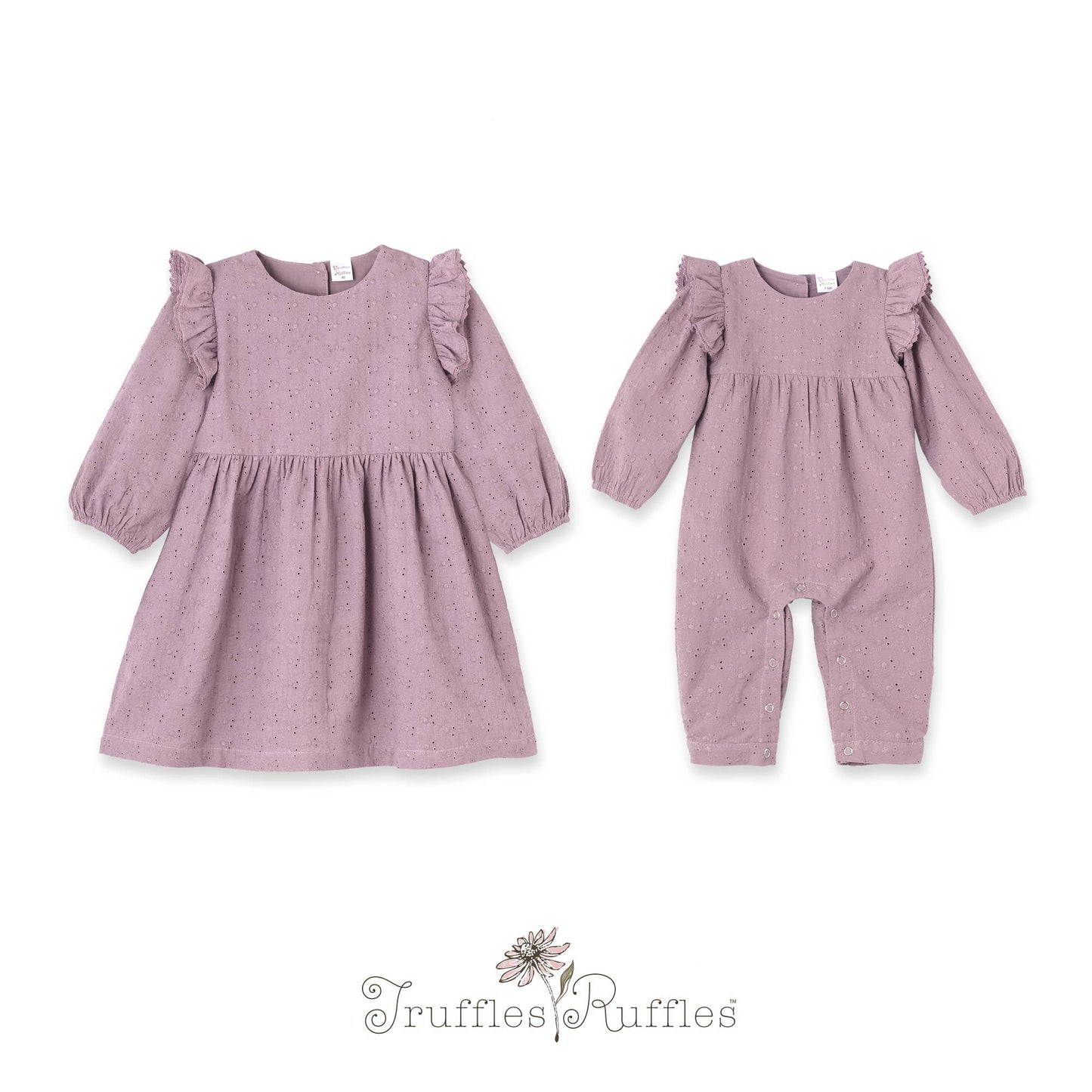 Mauve eyelet dress and romper set with 'Truffles Ruffles' text on a white background