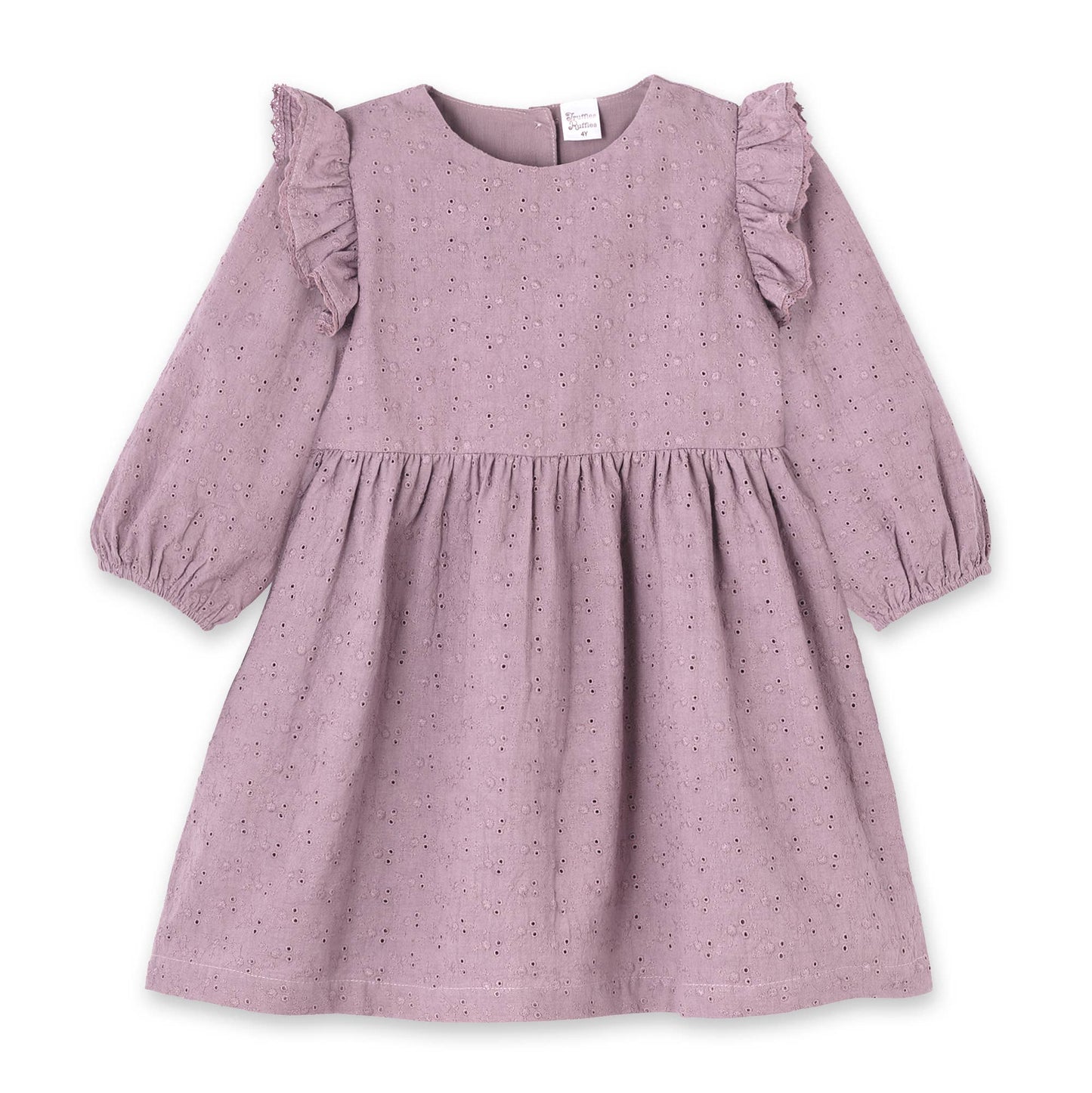 Mauve eyelet dress with ruffled sleeves on a white background
