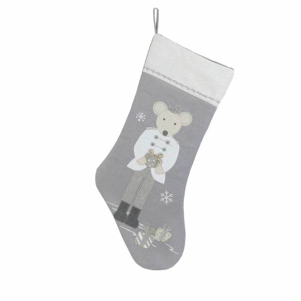 A gray Christmas stocking with a white cuff, featuring an embroidered mouse dressed in a white coat and holding a gold bow, with white snowflake details.