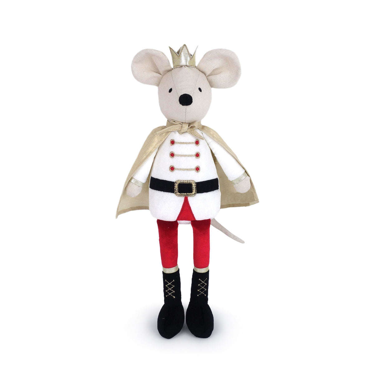 Stuffed toy mouse dressed as a prince with a crown, cape, and uniform on a white background