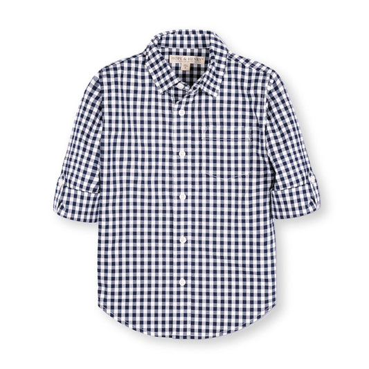 Navy and white checkered shirt on a white background