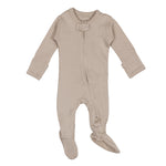 Beige baby onesie with footies on a white background