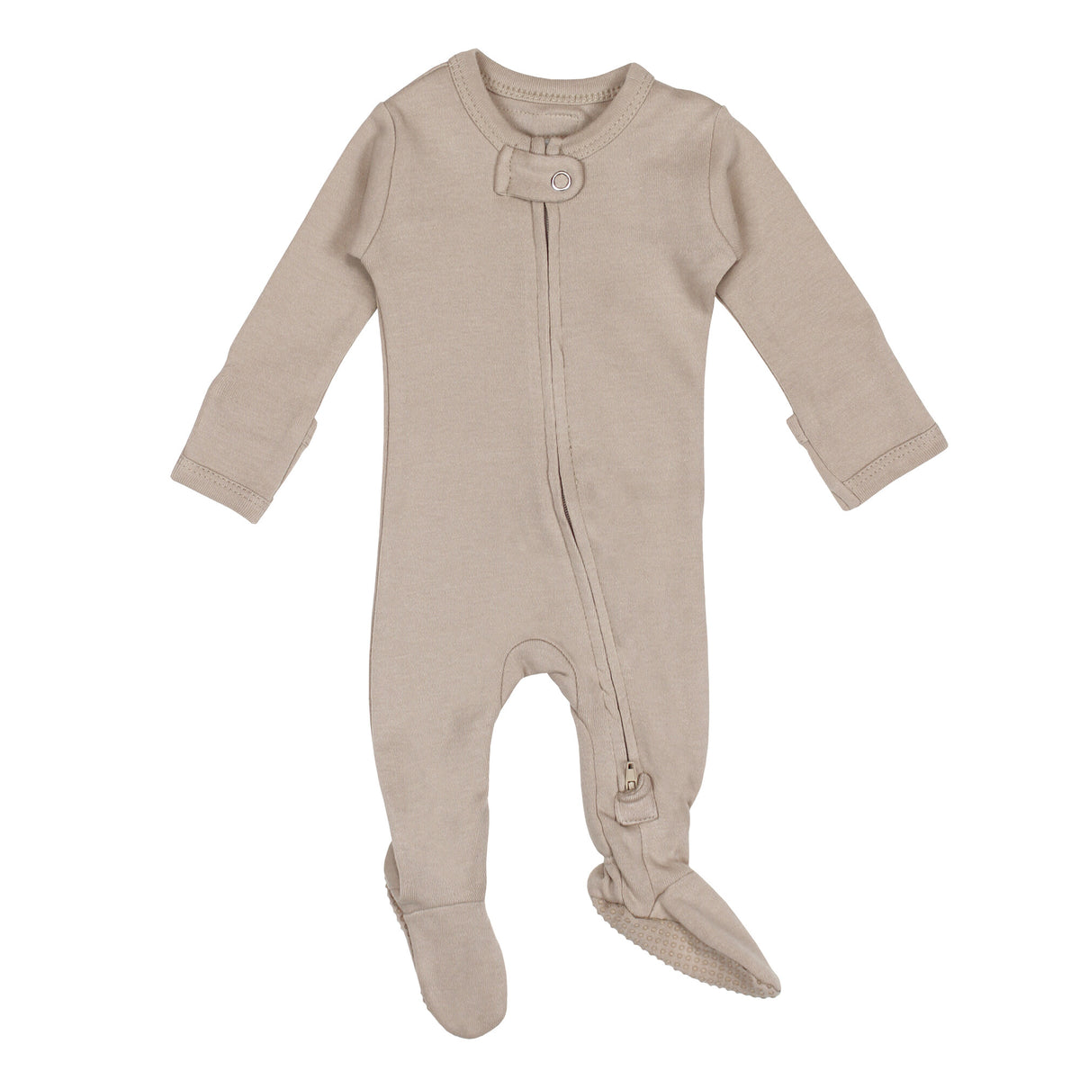 Beige baby onesie with footies on a white background