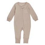 Oatmeal baby onesie with a front pocket on a white background