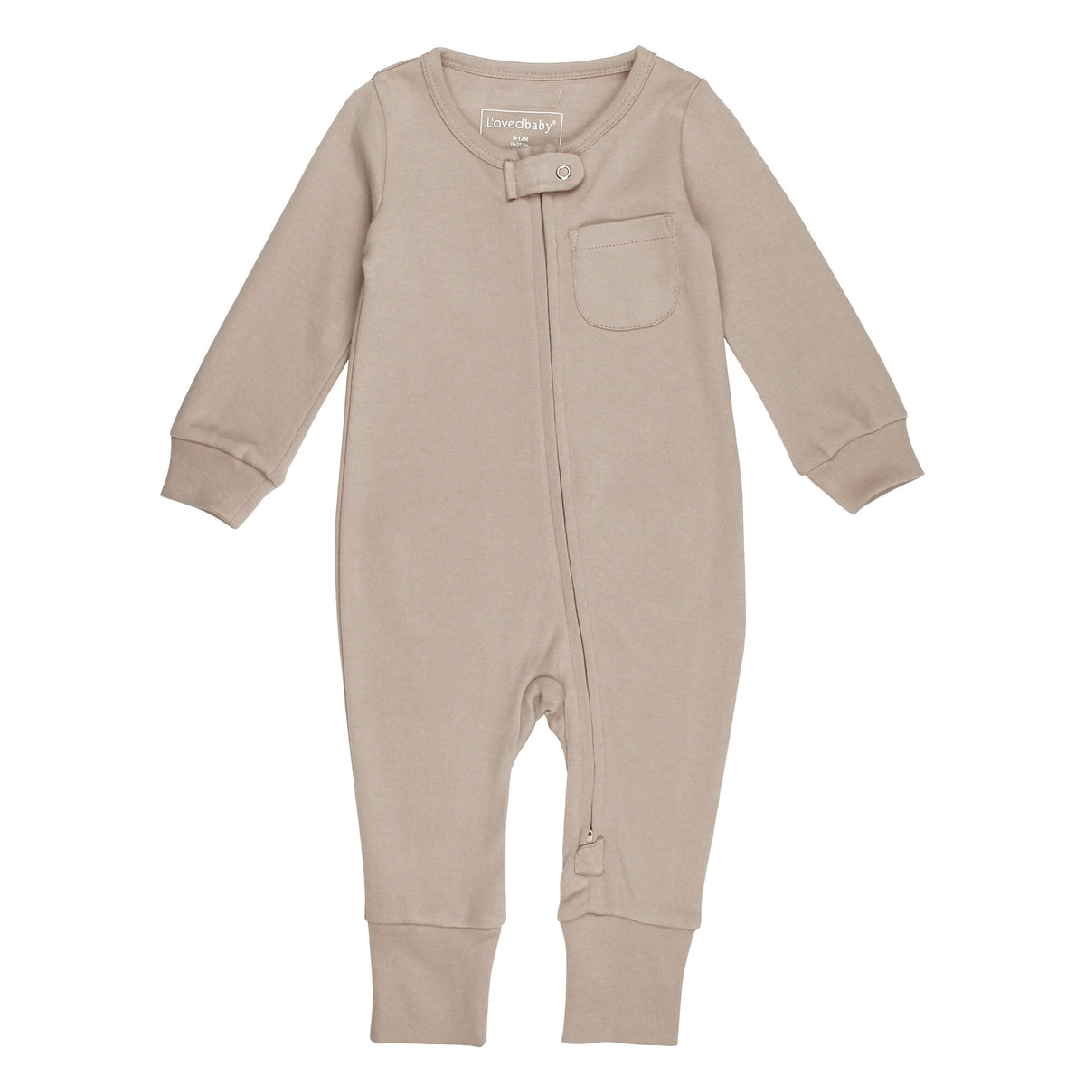Oatmeal baby onesie with a front pocket on a white background