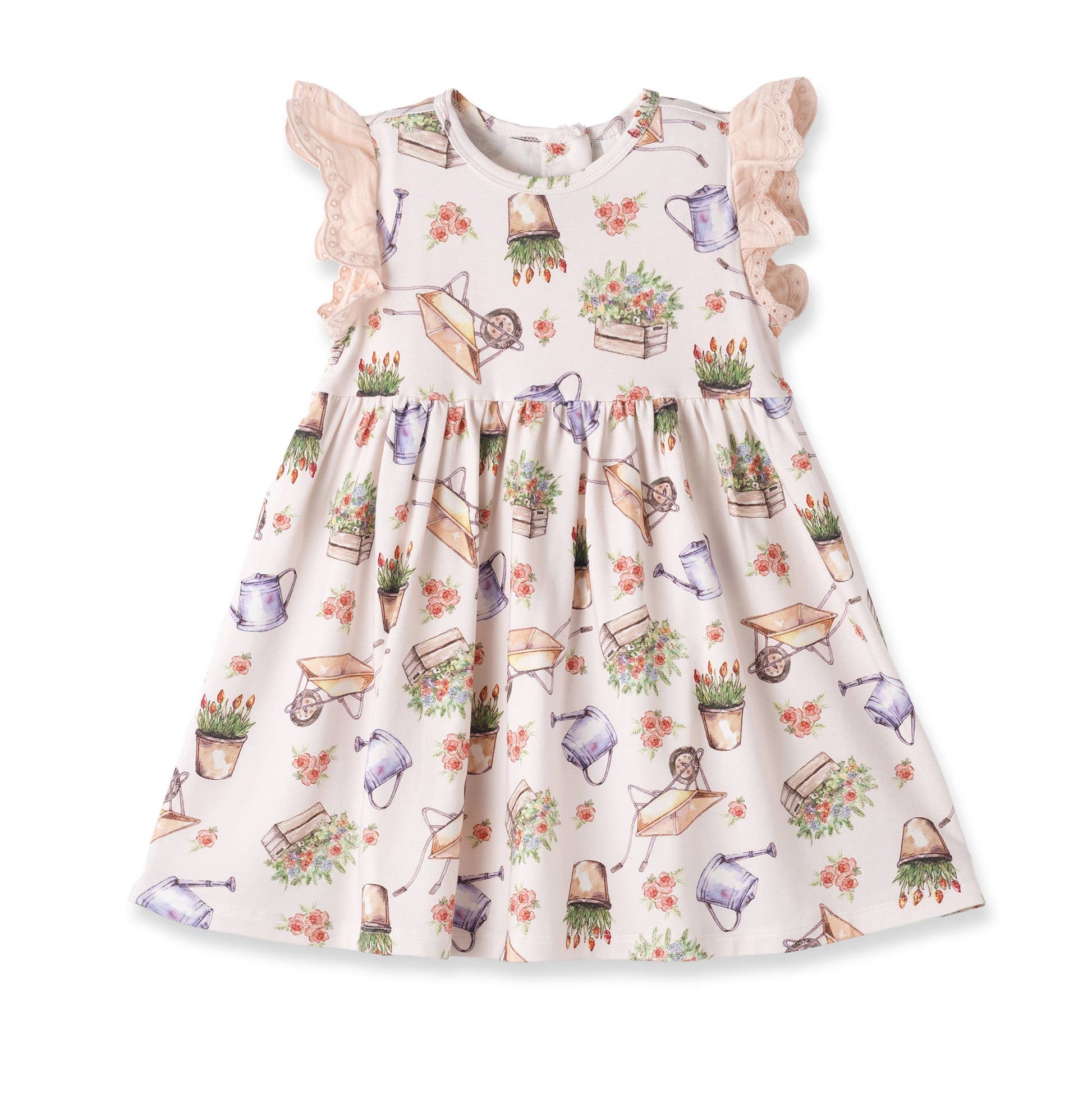 Children's dress with gardening-themed print on a white background