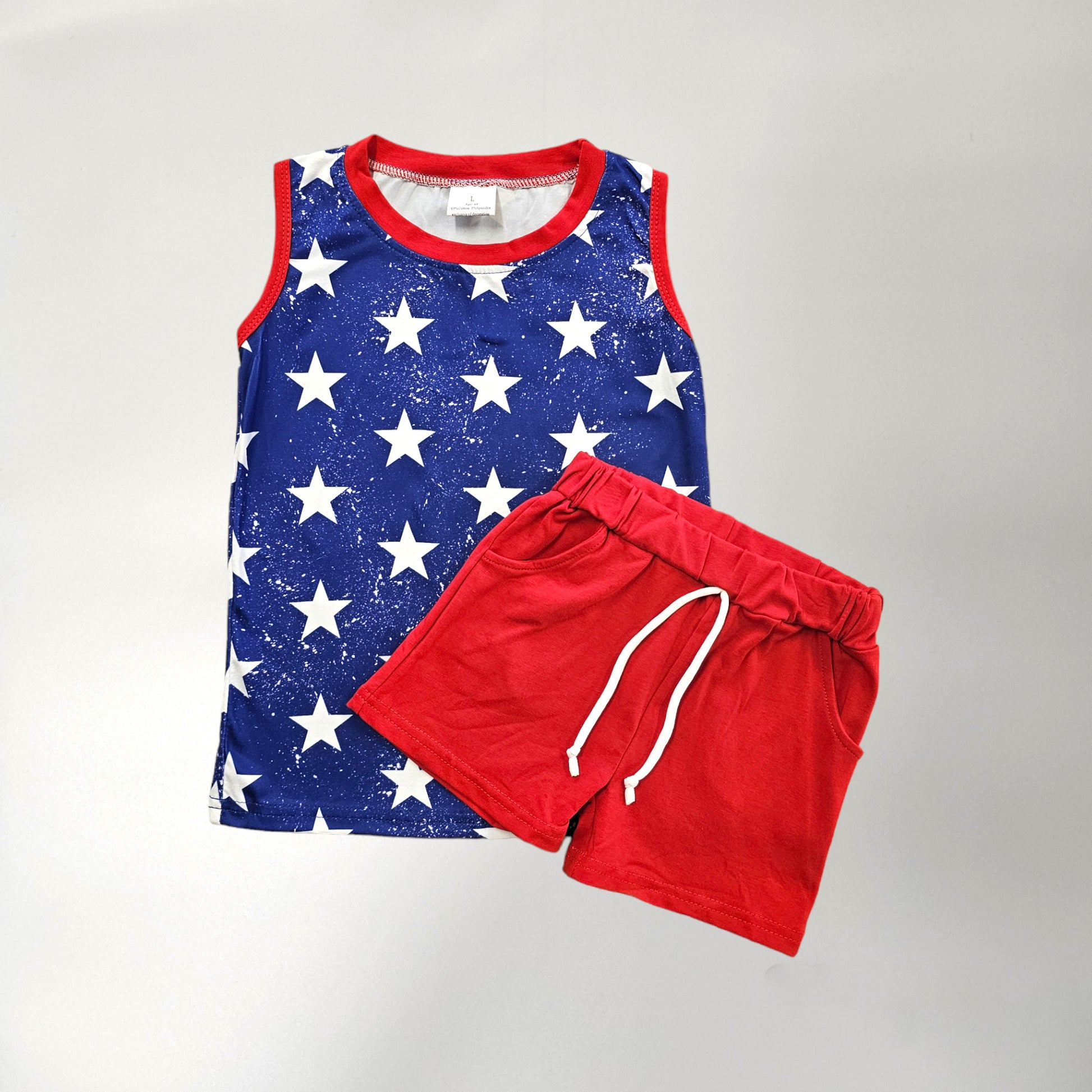 Red, white, blue stars and stripes boy two piece summer set