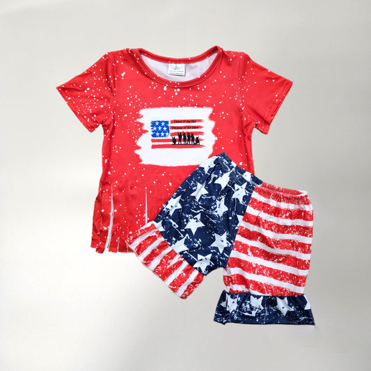 Red, white, blue stars and stripes girl two piece summer set