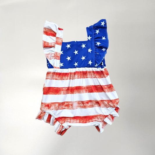 Red, white blue stars and stripes girl infant one piece summer romper