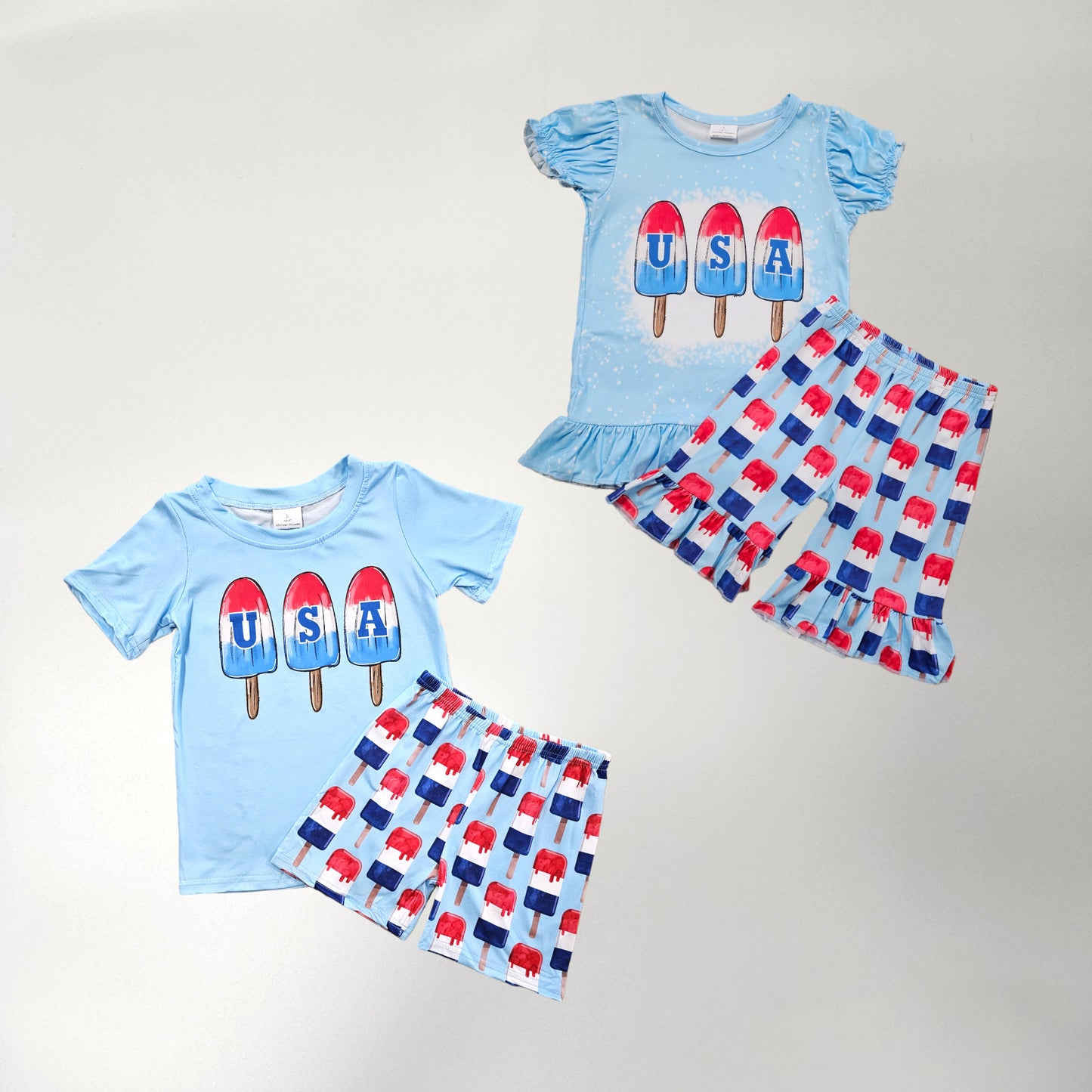 Boy Girl Sibling sets, red, white, blue two piece shorts set. Popsicle print design