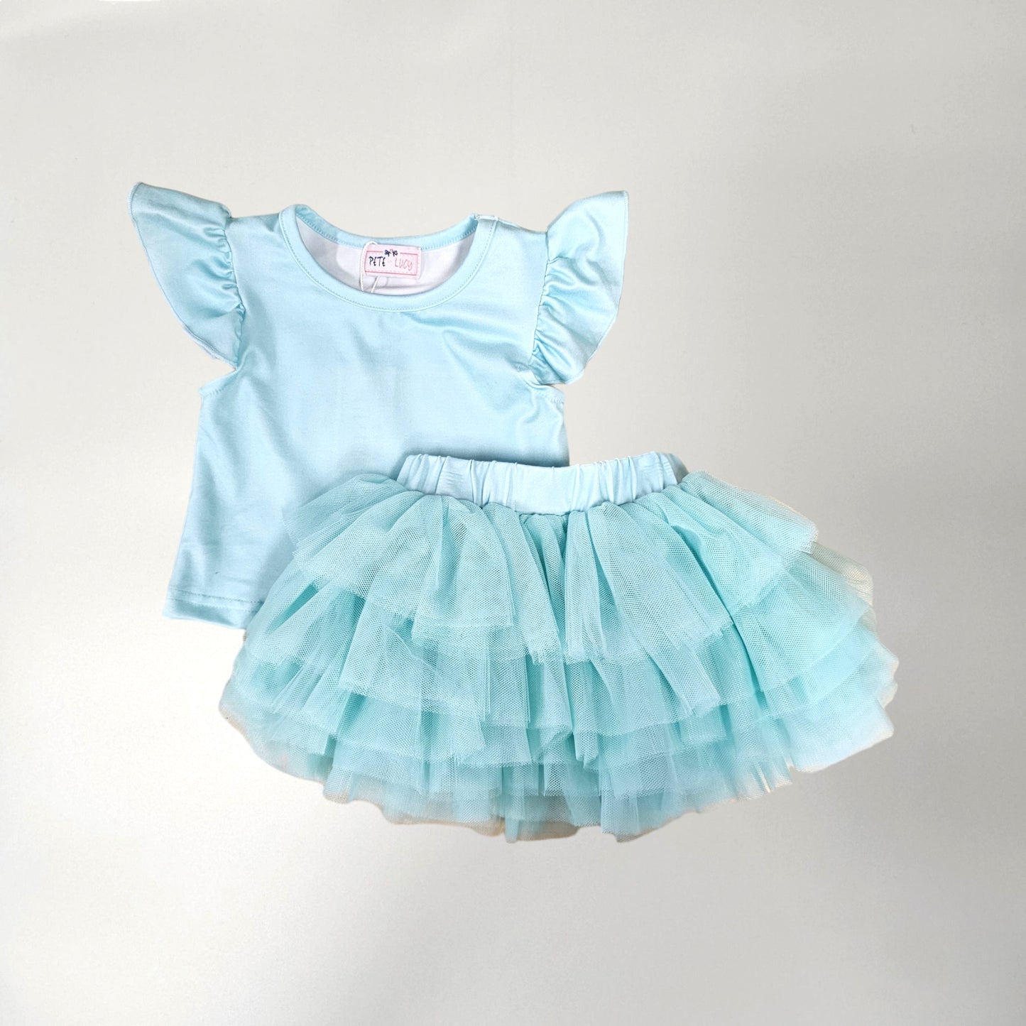 Seafoam Tulle skirt set. ruffle sleeves.