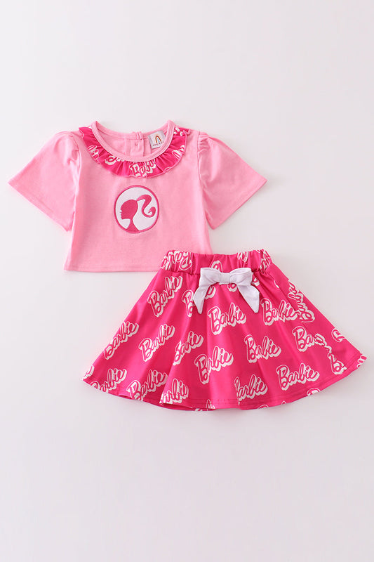 Pink Fashion Girl Embroidery Skort Set