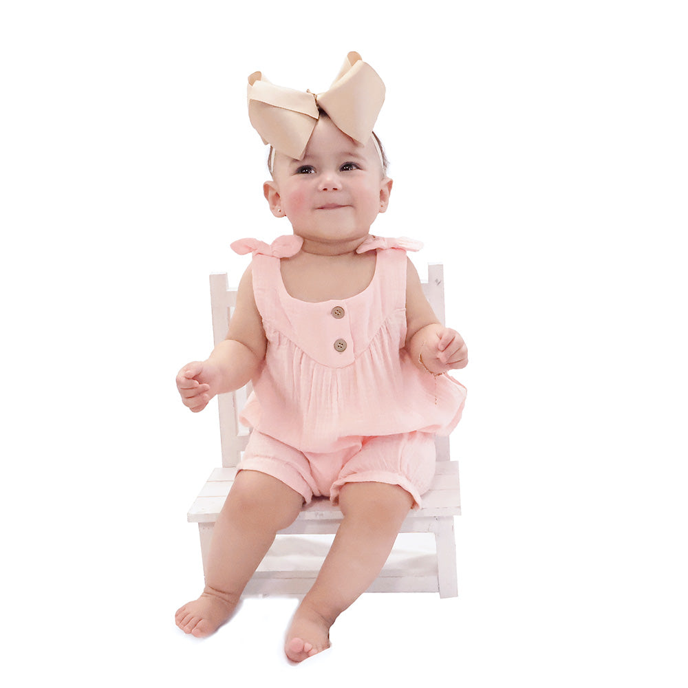 Pink Muslin Bow Bubble Romper