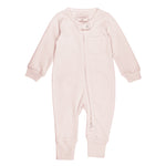 Pink baby footless romper with a zipper on a white background