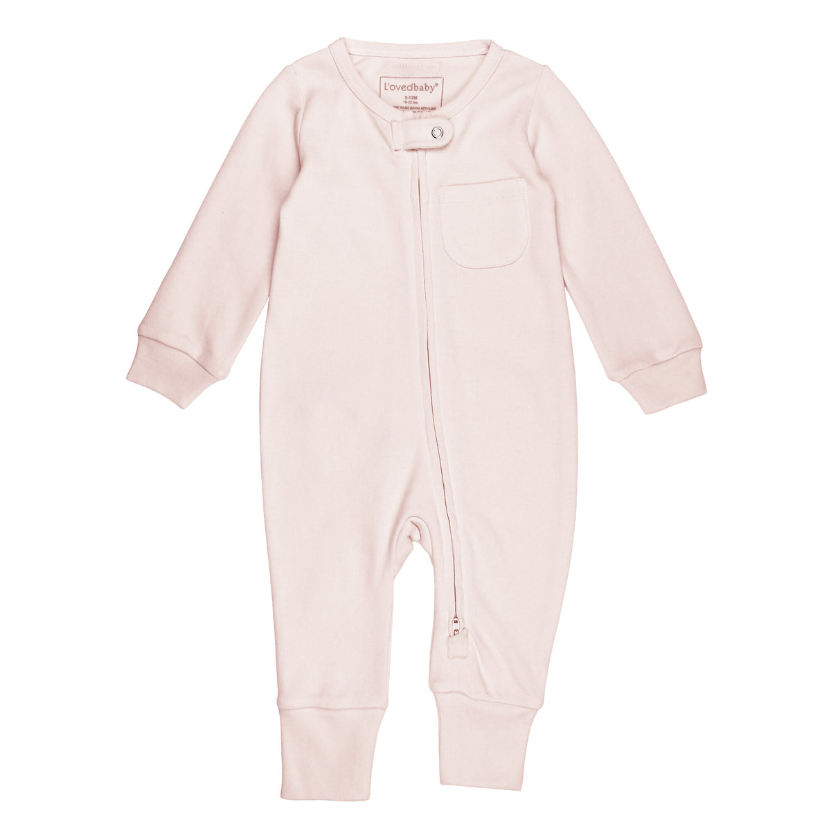 Pink baby footless romper with a zipper on a white background
