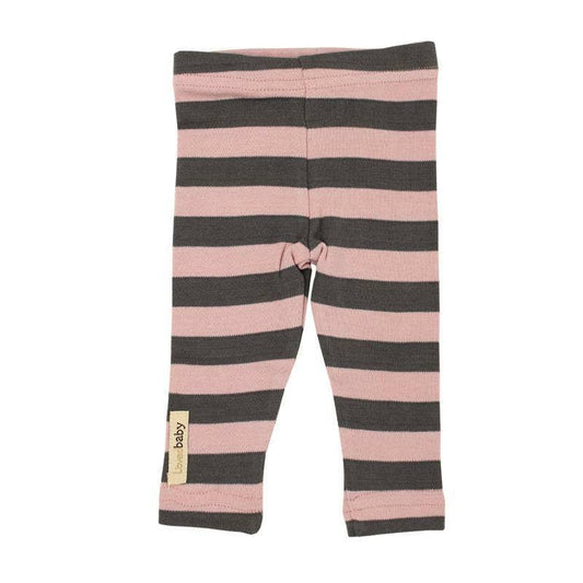 Pink and gray striped baby leggings on a white background