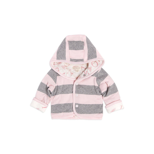 Pink and gray striped baby jacket with a hood on a white background