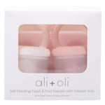  ali + oli self-feeding food & fruit feeder packaging with pink silicone feeder and freezer tray.