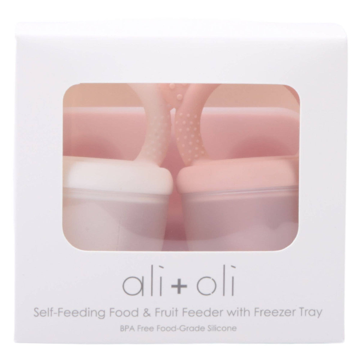  ali + oli self-feeding food & fruit feeder packaging with pink silicone feeder and freezer tray.