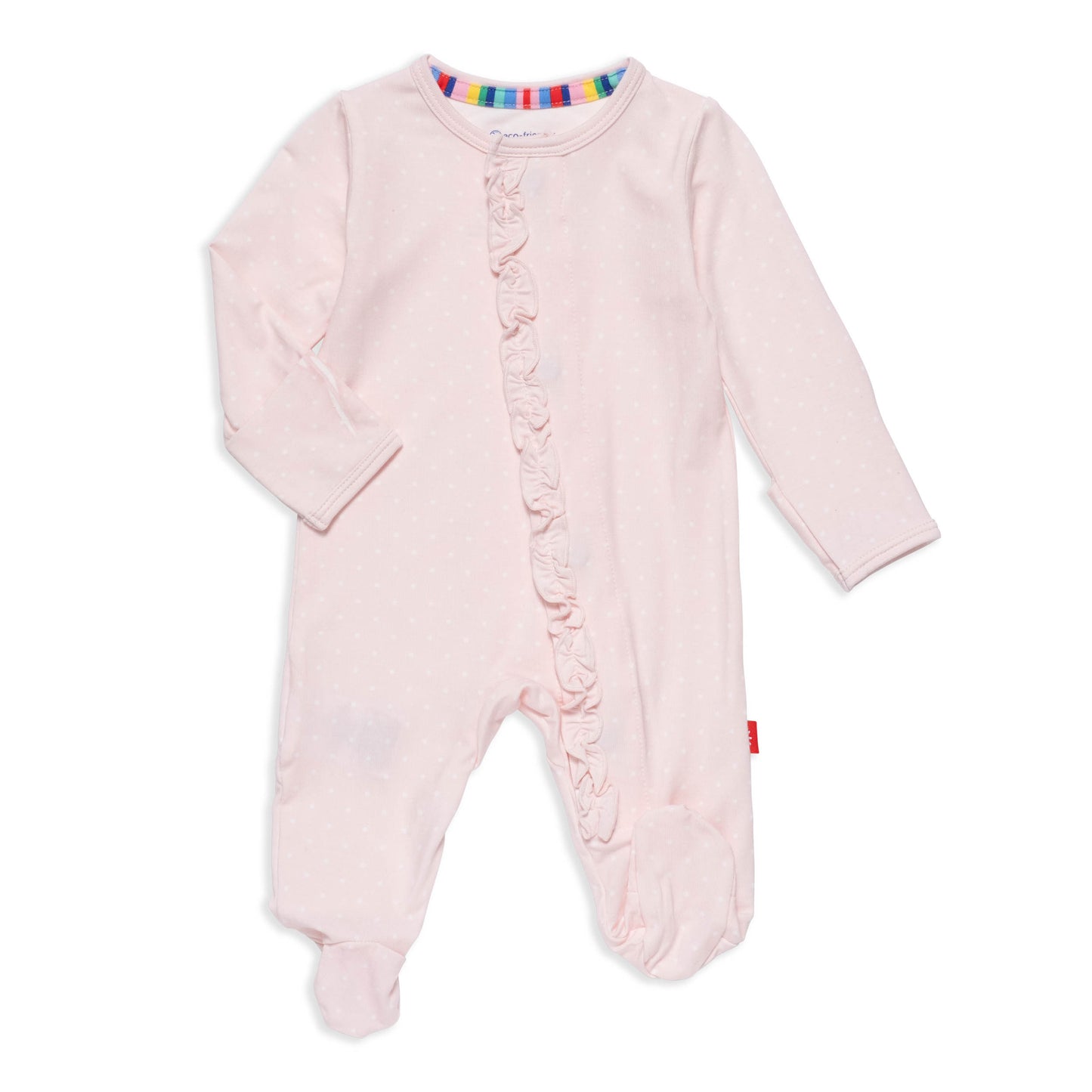 Pink baby onesie with ruffles on a white background