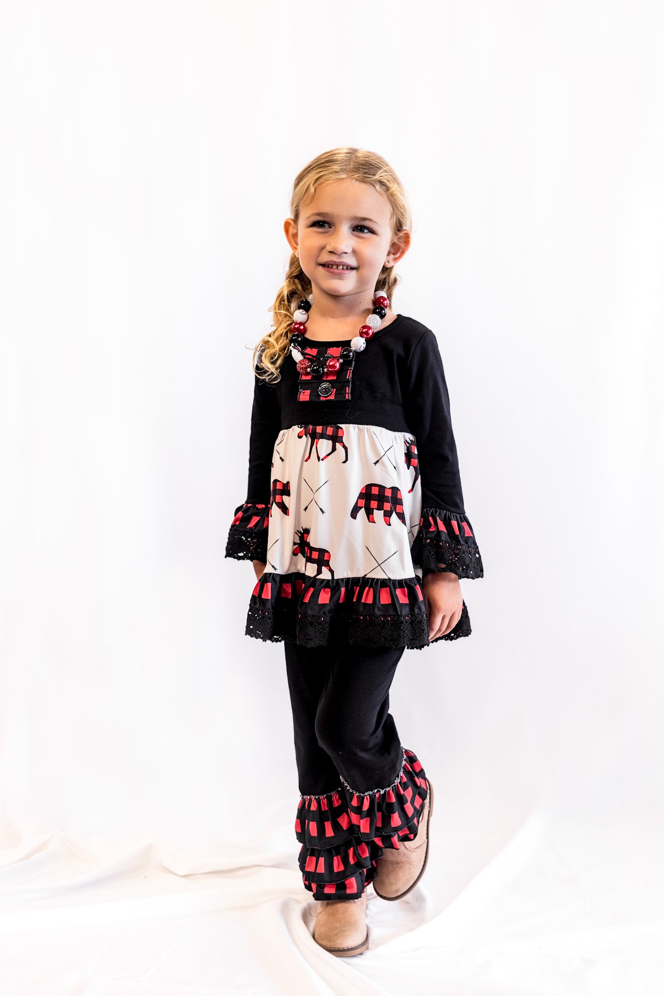 Ruffle Plaid Christmas Animal Pant Set