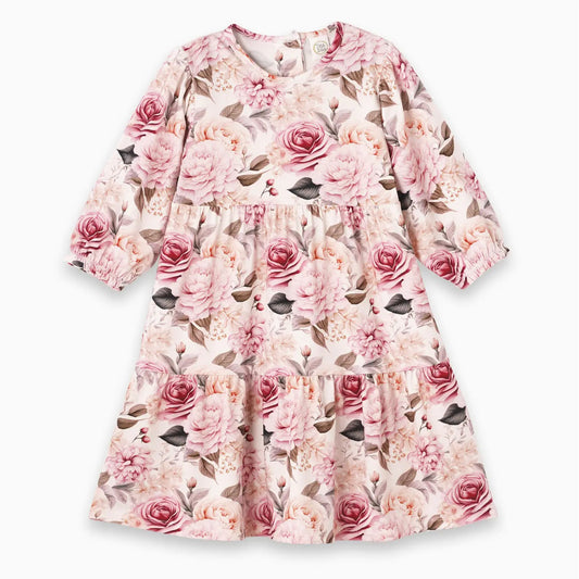 Floral dress with pink roses on a white background