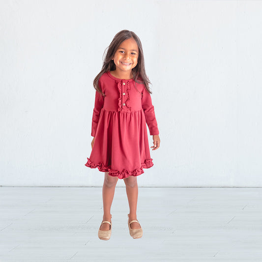 Maroon Solid Ruffle Dress