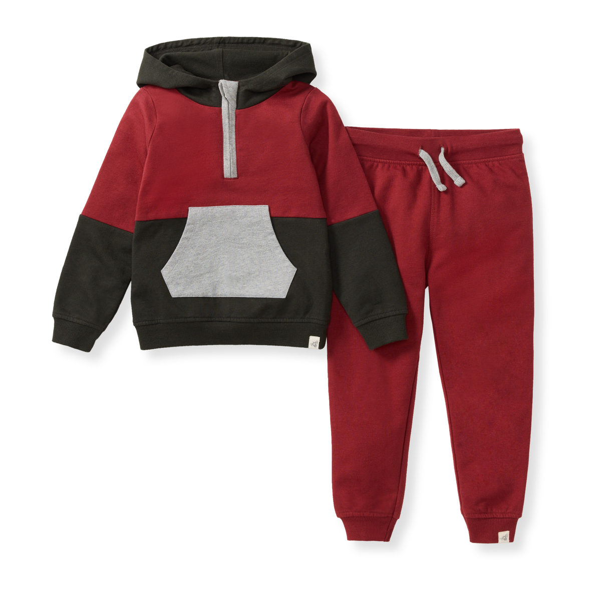 Red and black children's hoodie and jogger set on a white background