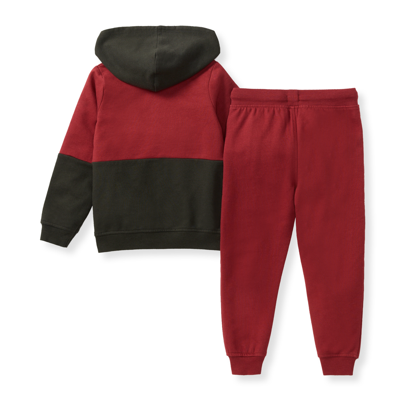 Red and black hoodie and pants set on a white background