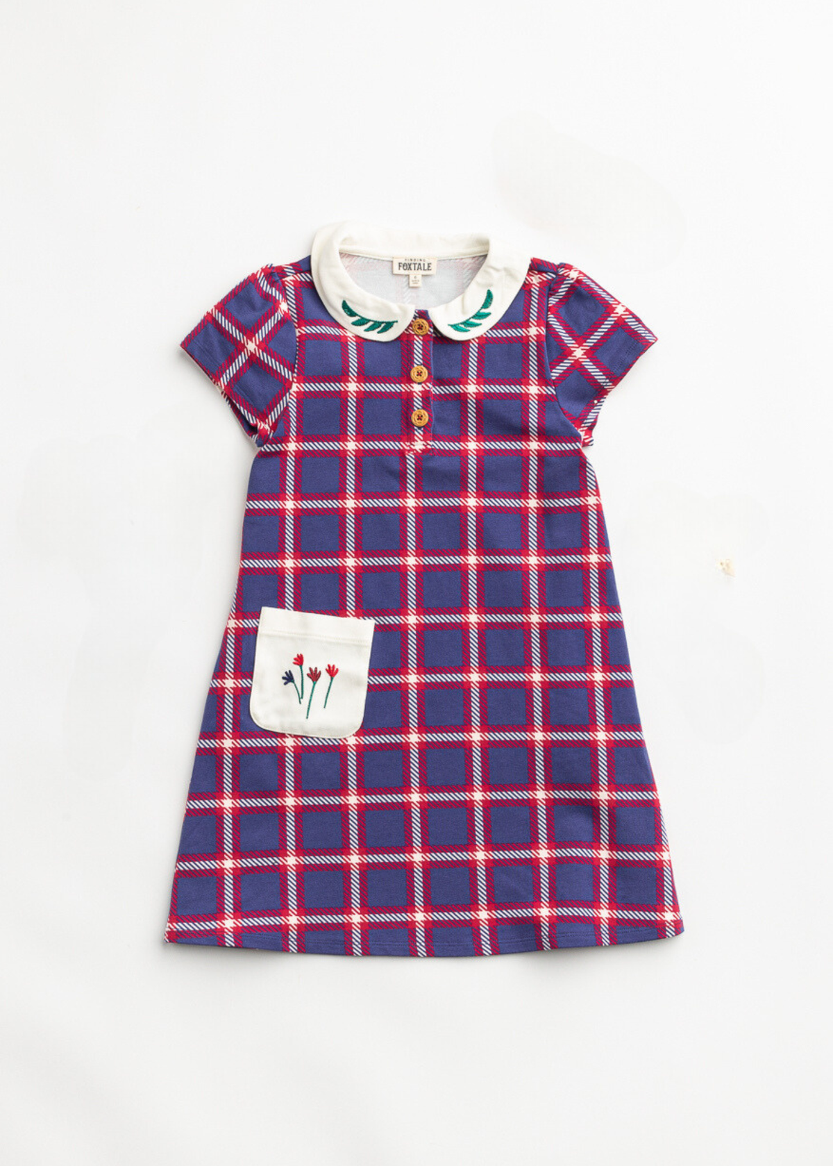 pink and Purple windowpane dress with a white collar on a white background