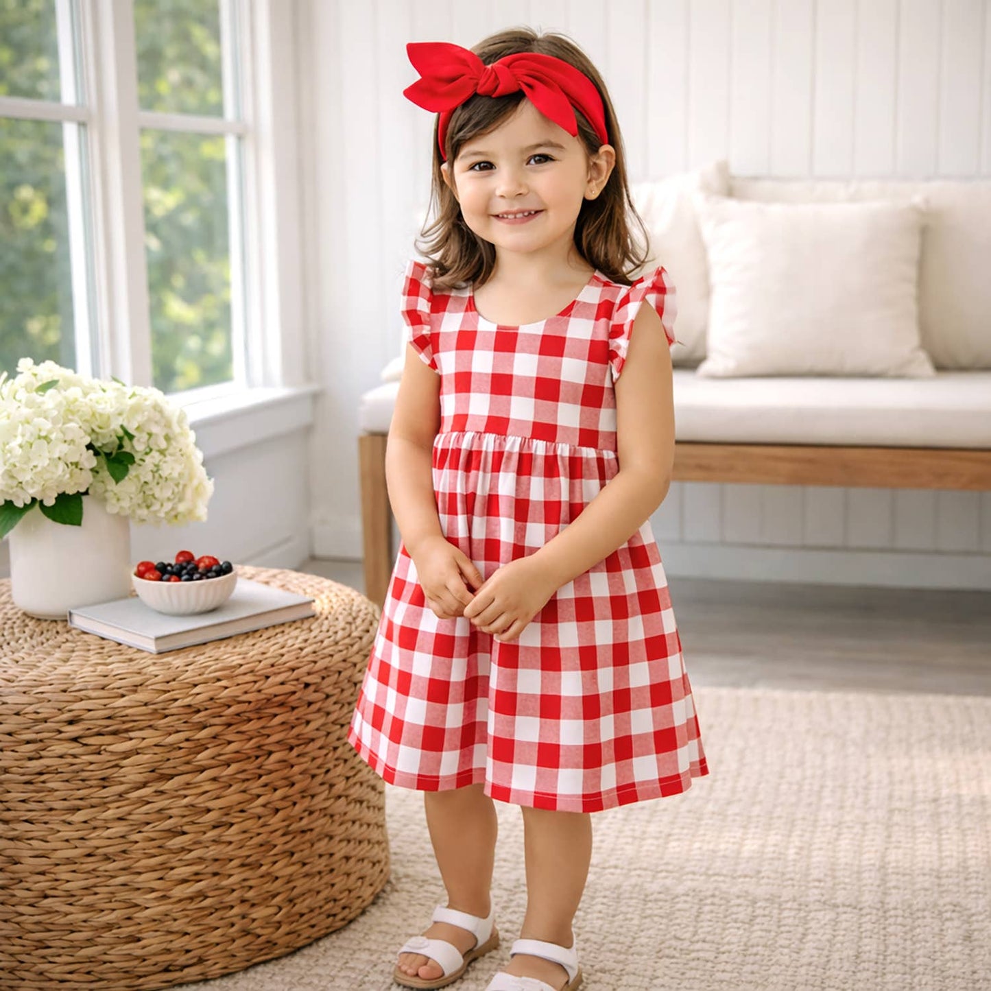 Young girl in a red and white checkered dress with a red bow standing in a bright room.