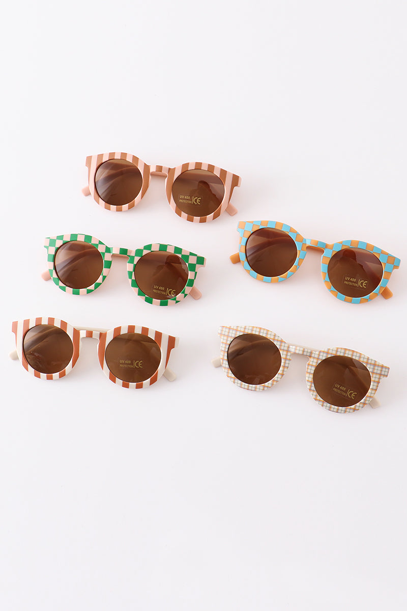 A collection of sunglasses with retro stripes and square patterns, displayed in different colors.
