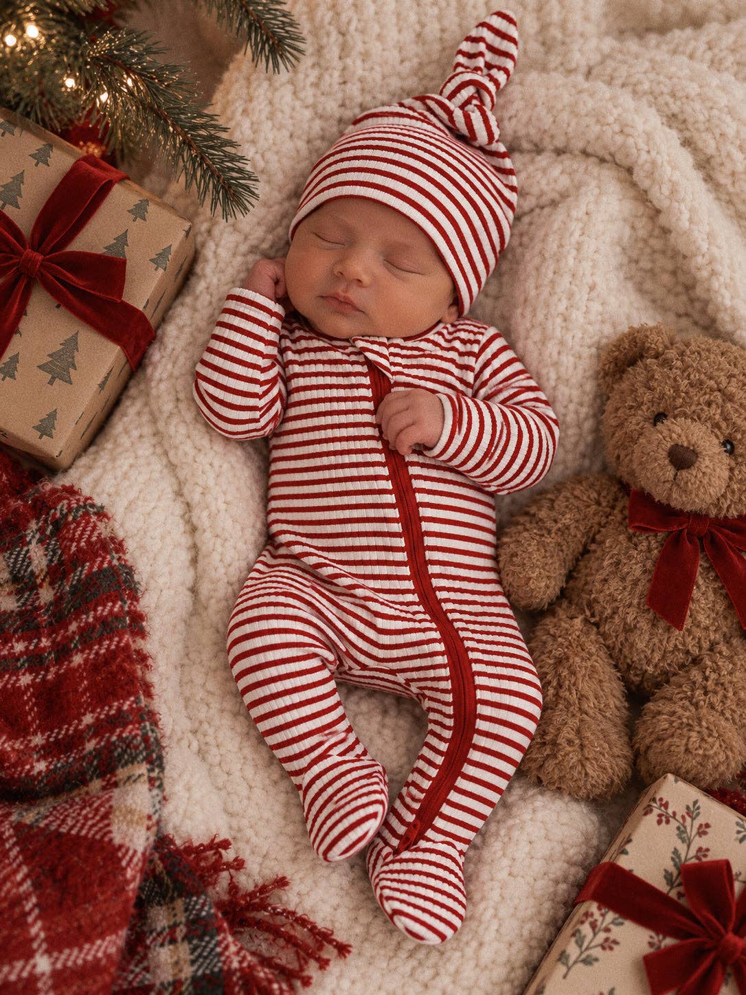 SIIX Collection Red Stripe Footie, ribbed cotton baby Christmas footie with 2-way zip
