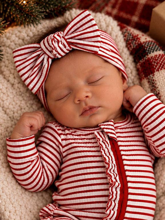 SIIX Collection Red Stripe Ribbed Bow, soft baby Christmas bow headband