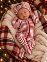 SIIX Collection Red Stripe Ruffles Footie, ribbed cotton baby Christmas footie with 2-way zip