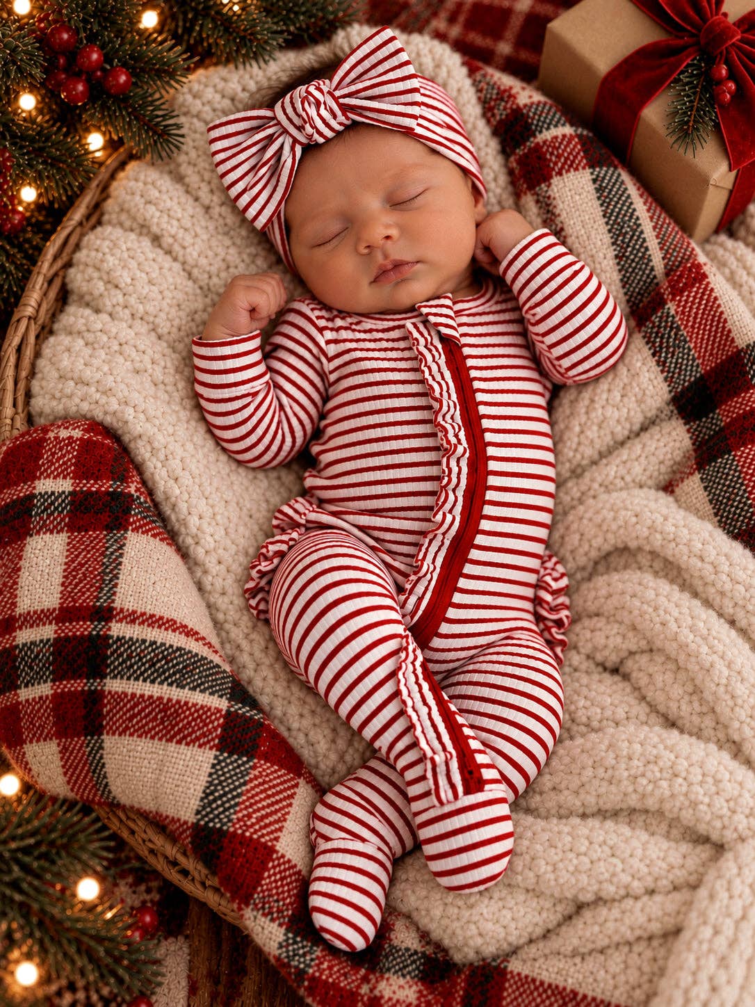 SIIX Collection Red Stripe Ruffles Footie, ribbed cotton baby Christmas footie with 2-way zip