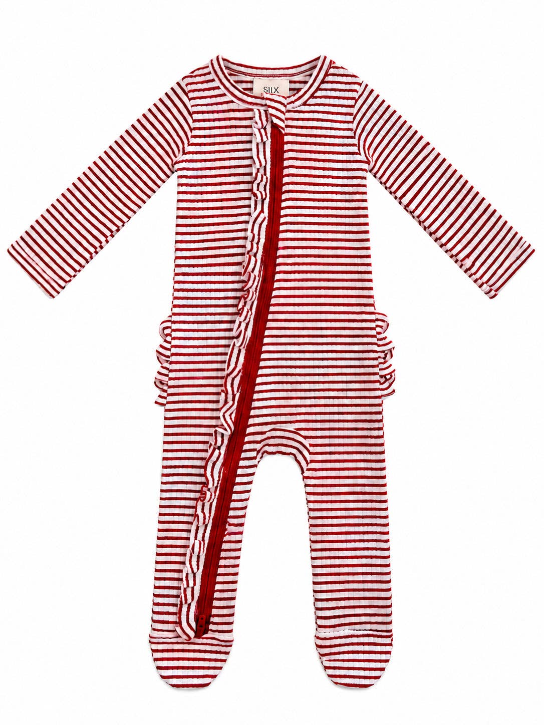 SIIX Collection Red Stripe Ruffles Footie, ribbed cotton baby Christmas footie with 2-way zip - view 2