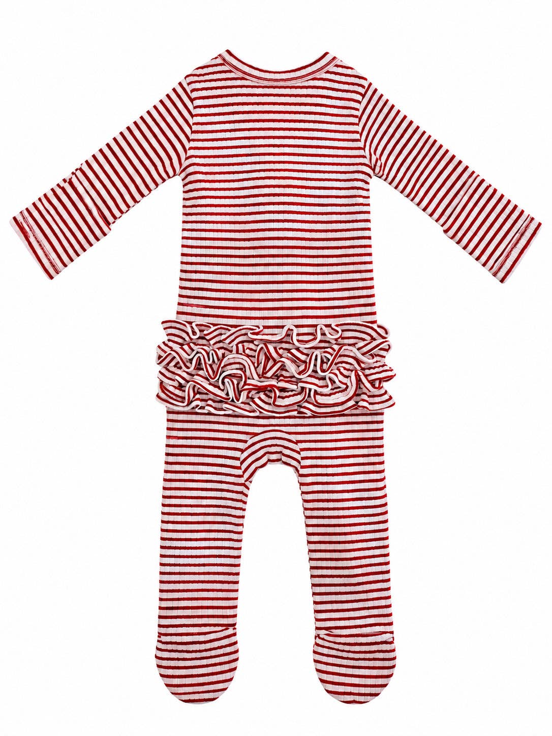 SIIX Collection Red Stripe Ruffles Footie, ribbed cotton baby Christmas footie with 2-way zip - view 3