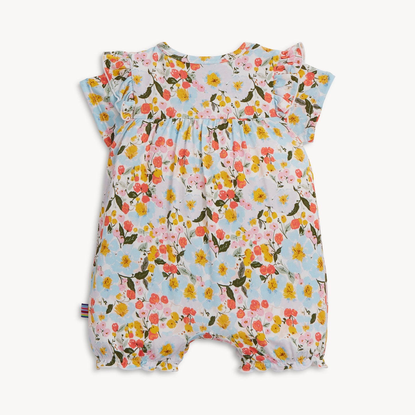 Floral-patterned baby romper on a white background