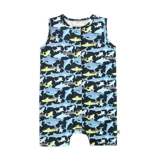 Children's romper with shark pattern on a transparent background