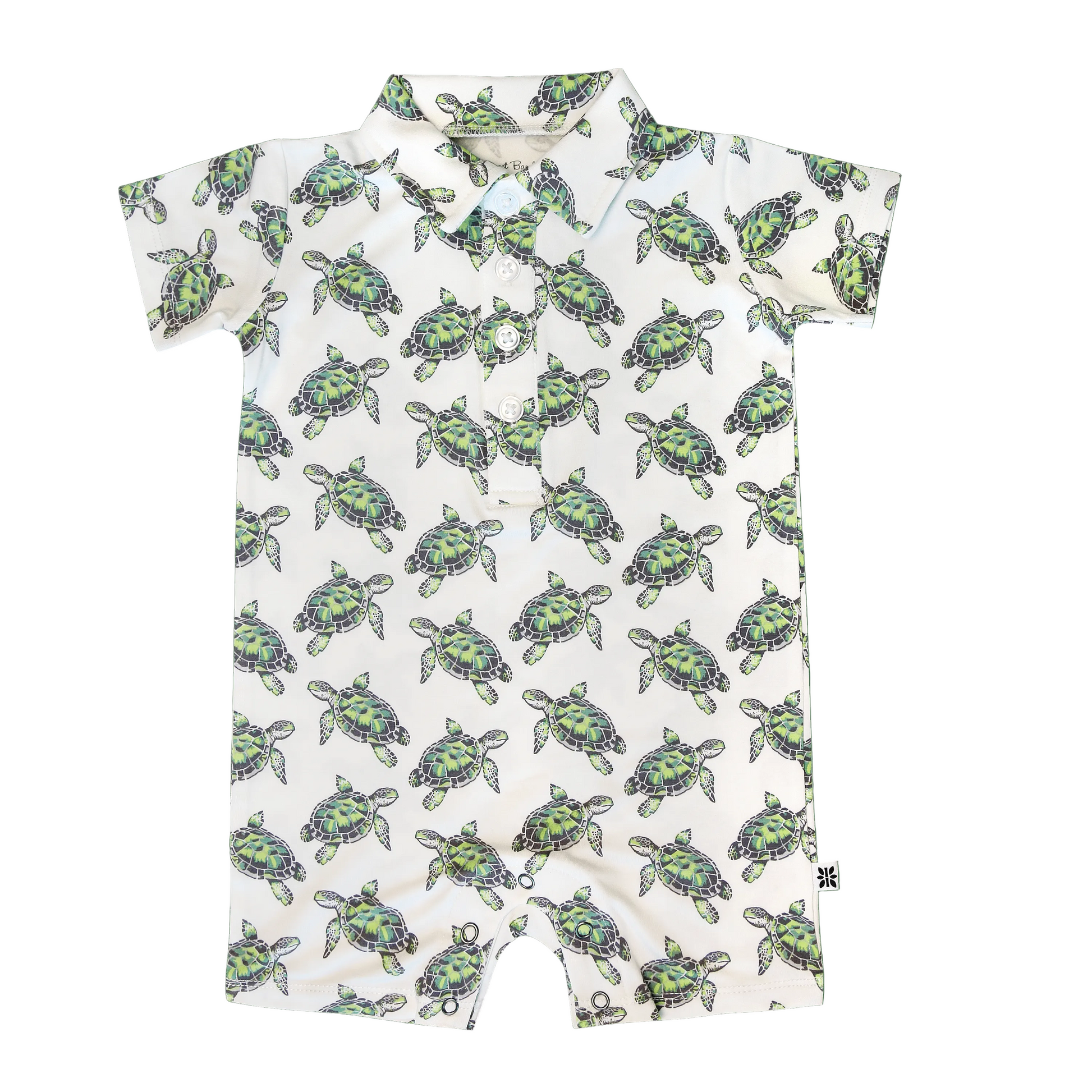 Short-sleeve polo romper with green turtle pattern on a white background