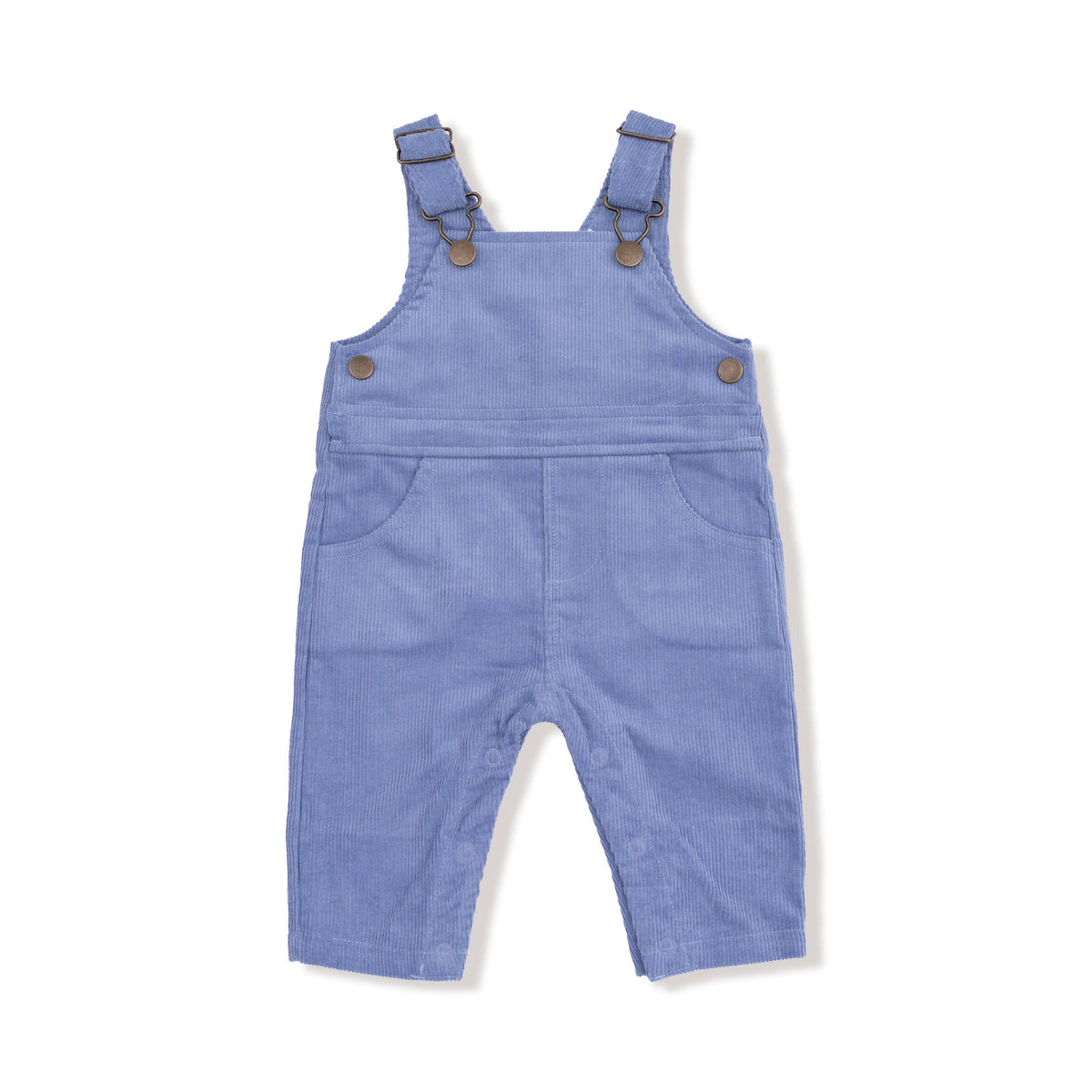 Blue corduroy overalls with button details on a white background