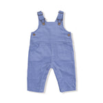 Blue corduroy overalls with button details on a white background