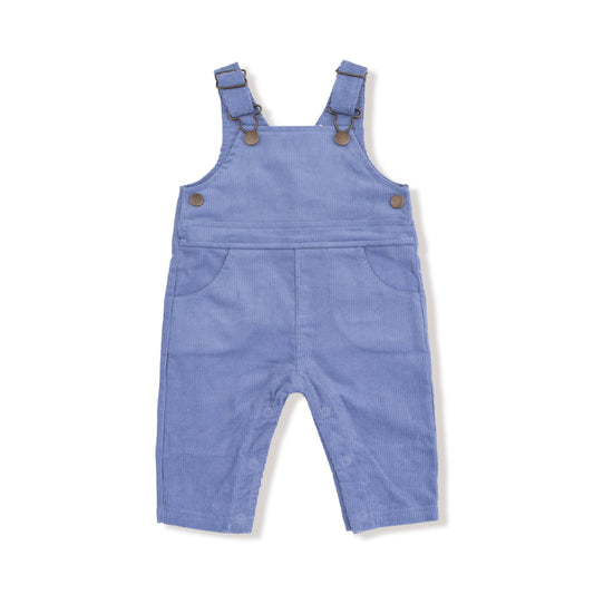 Blue corduroy overalls with button details on a white background