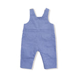 Blue corduroy overalls on a white background