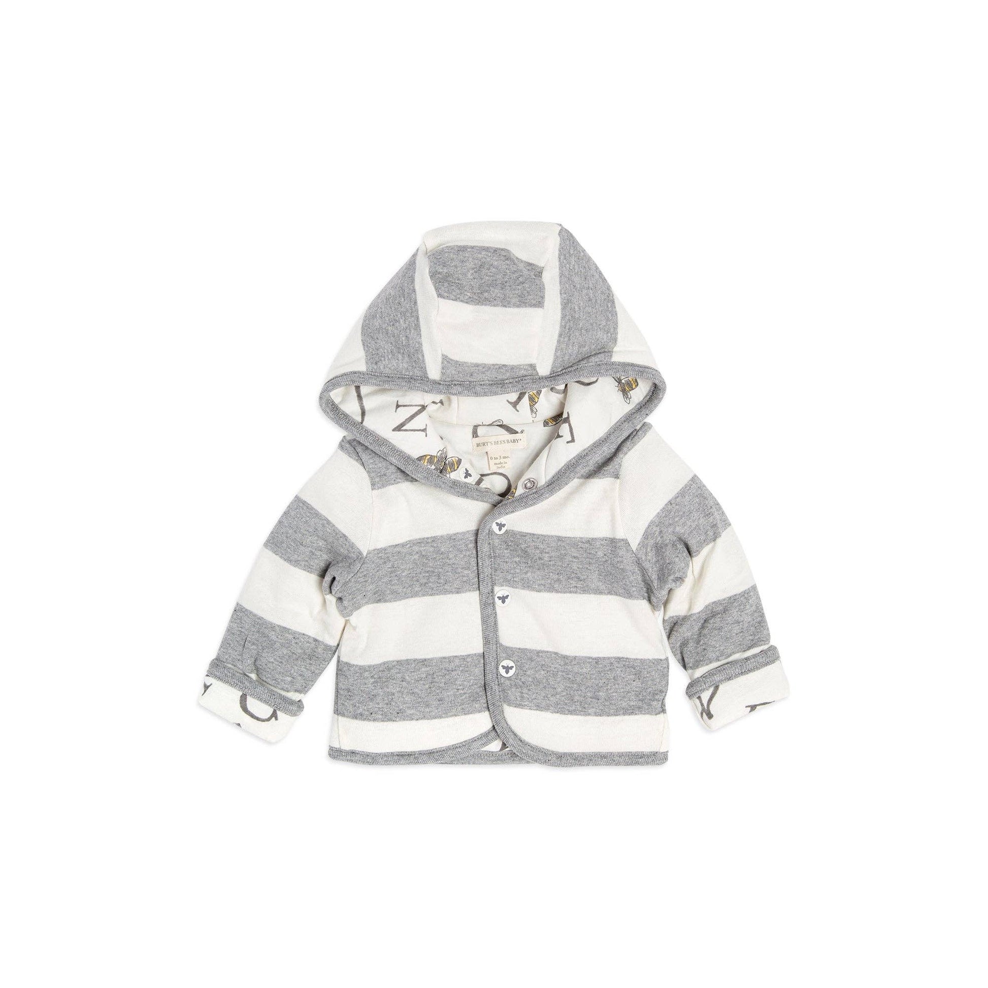 Striped baby jacket with a hood on a white background